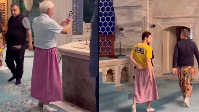 Bursa'da cami gezisinde erkek turistler, kadınlar için bırakılan etekleri kendileri için zannederek giydi. Senin bu görüntü karşısında ilk tepkin ne olurdu?