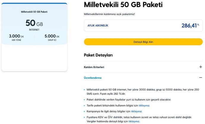Turkcell milletvekillerine özel paket çıkardı. 50 GB internetli paket aylık 286 TL. Ne düşünüyorsunuz?
