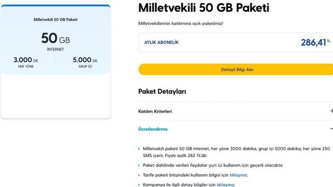 Turkcell milletvekillerine özel paket çıkardı. 50 GB internetli paket aylık 286 TL. Ne düşünüyorsunuz?