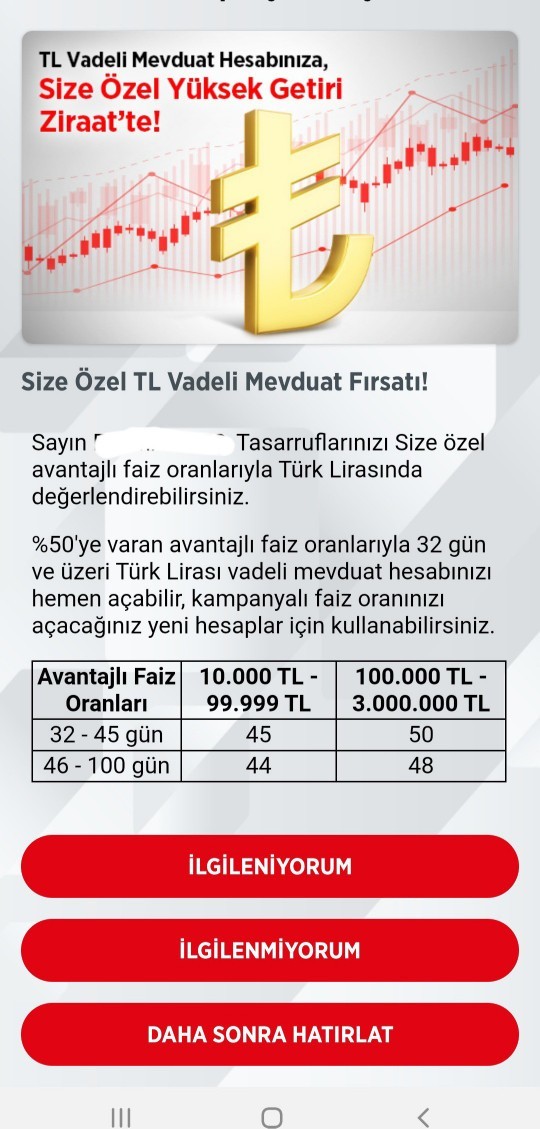 Lütfen banka işlemlerinden anlayan bakabilir mi? Bana özel olan mevduat fırsatı ne?