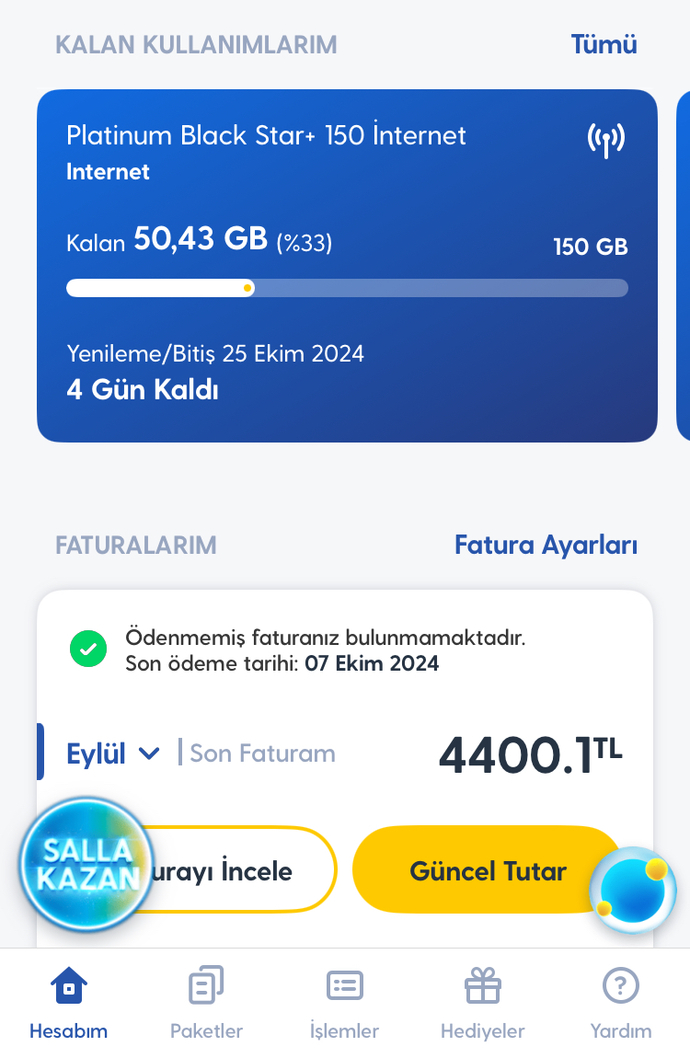 Kullandığınız mobil tarifede kaç gb i̇nternet var?