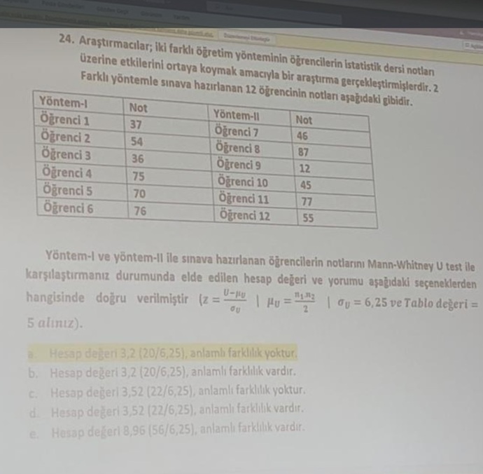 Mann Whitney U testini bilen var mi istatistikkk dersi?