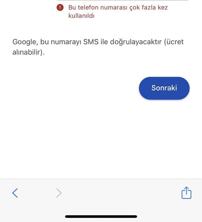 Google hesabı açacakken bu telefon numarası fazla kullanıldı hatası alıyorum. Nasıl düzeltebilirim?