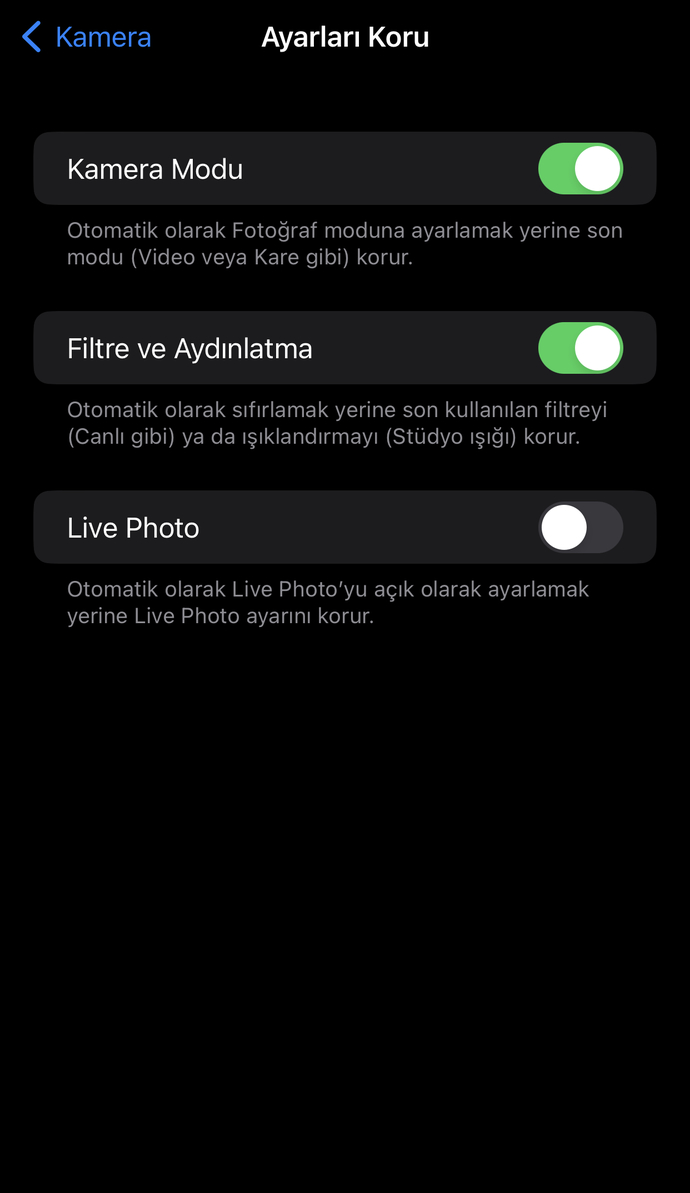 İphonede live photo özelliği nerden kapatılır?