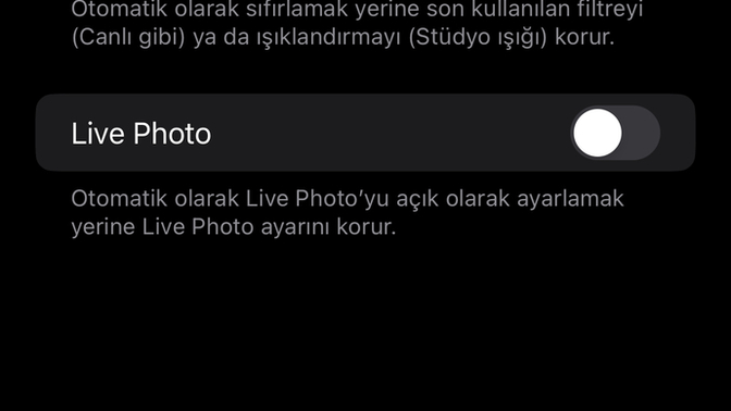 İphonede live photo özelliği nerden kapatılır?