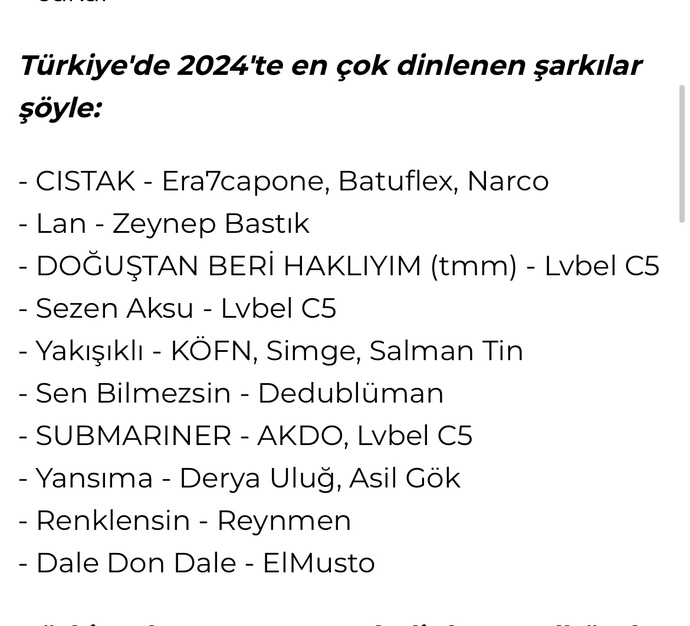 2024 en çok dinlenen şarkılar belli oldu siz hangisini dinlediniz?
