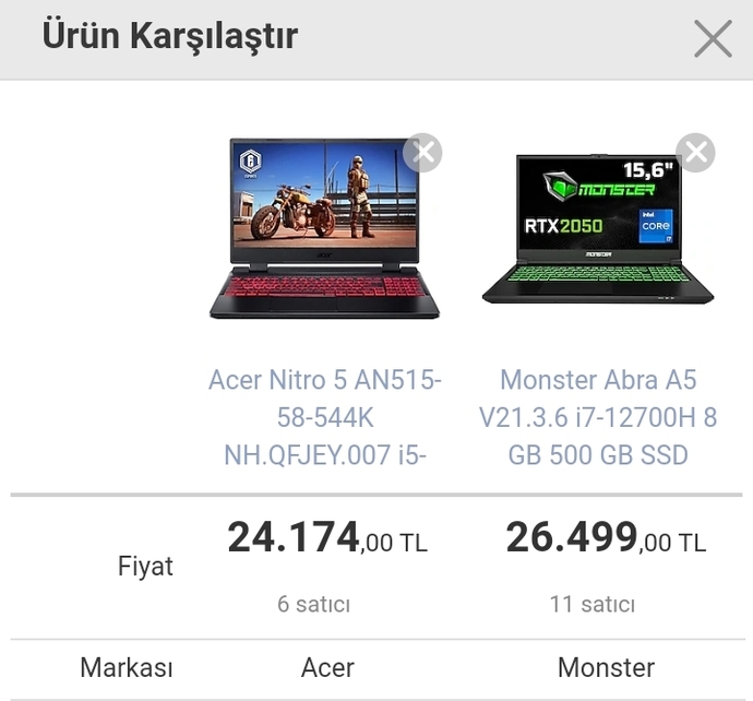 Sizce hangi PCyi almalıyım Acer Nitro 5 vs Monster Abra A5 ?