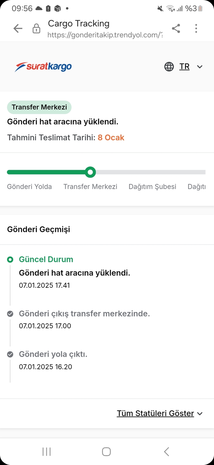 Tahmini teslimat 8 ocak diyordu ama gönderi hat aracina yuklendi diyo dünden beri bugün teslim edilmezmi yani?