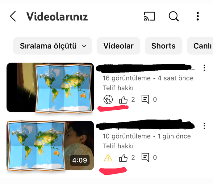 Bu iki YouTube telif hakkı sembolü (biri sarı ünlem işaretli üçken, biri dünya sembolü) arasında ki fark ne?