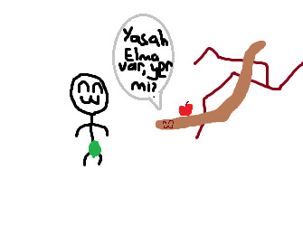 Kötü kalpli yılan "yasah elma var, yen mi?" diye soruyo