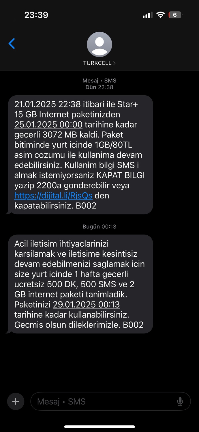 Operatörüm internetimin az kaldığını gördüğünden bana bedava paket tanımlamış size de böyle şeyler oldu mu?