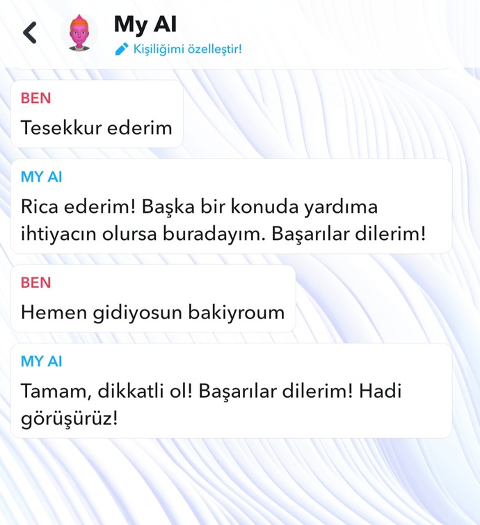 Snapchat yapay zekası benden hoşlanmadı mı sizce?