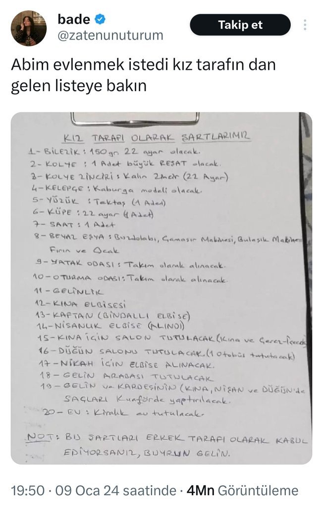 Kız tarafından böyle liste gelse, ne tepki verirsiniz?