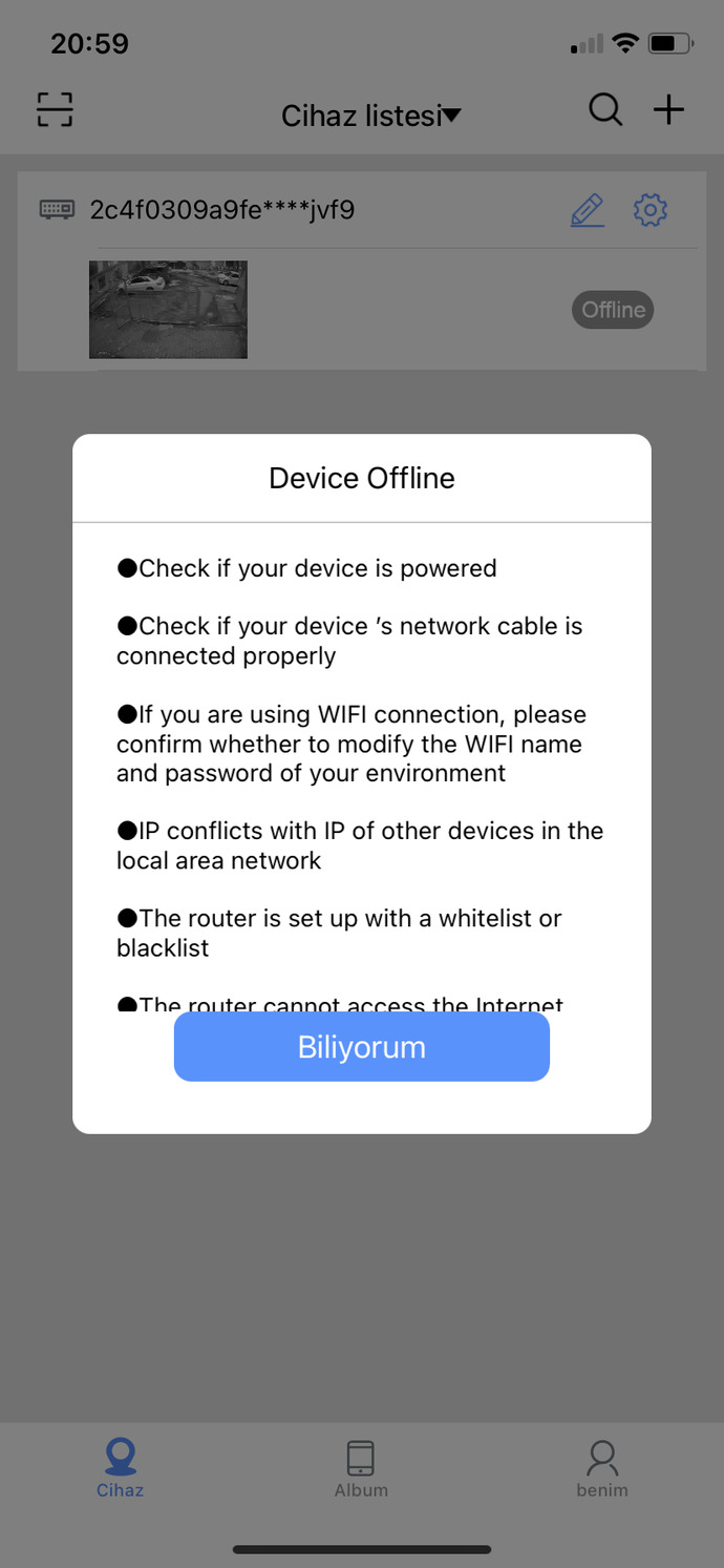 Güvenlik kamera telefondan hata veriyor?
