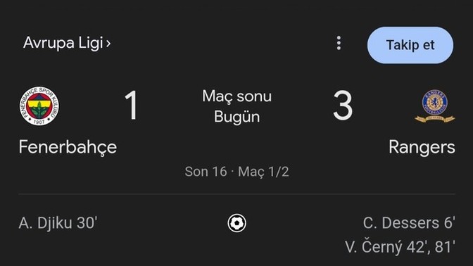 Fenerbahçe 1-3 Rangers Maç Sonucu... Fenerbahçe'nin Çeyrek Finale Kalma Umutları Söndü Mü?