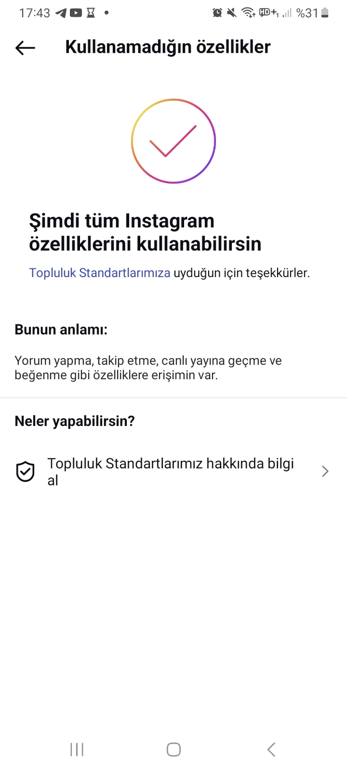 Şimdi tüm instagram özelliklerini kullanabilirsin yazısının hemen üstünde ki tik işaretinin instagram da ki genel ismi nedir?