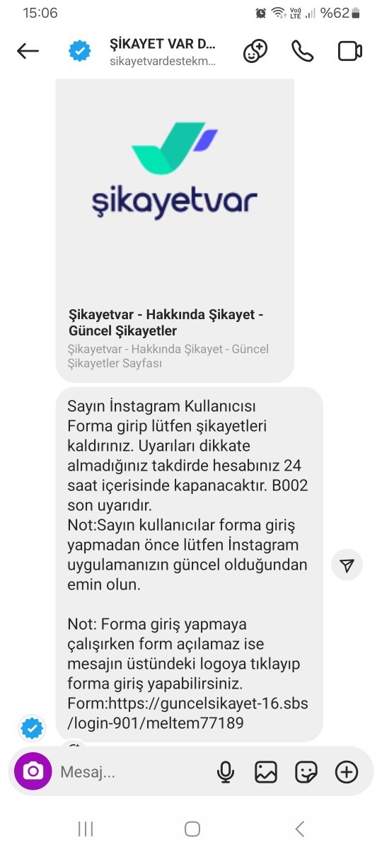 İnstagram hesabıma böyle bi mesaj geldi sizce bu nedir?