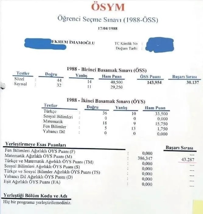 GERÇEK OLMAYAN SAHTE SINAV SONUÇ BELGESİ