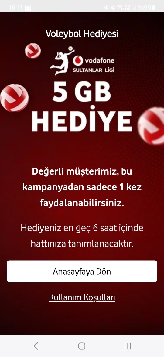 Vodafone voleybol hediye Sultanlar ligi olarak 5 GB Hediye İnternet veriyor hediye İnterneti aldınız mı?