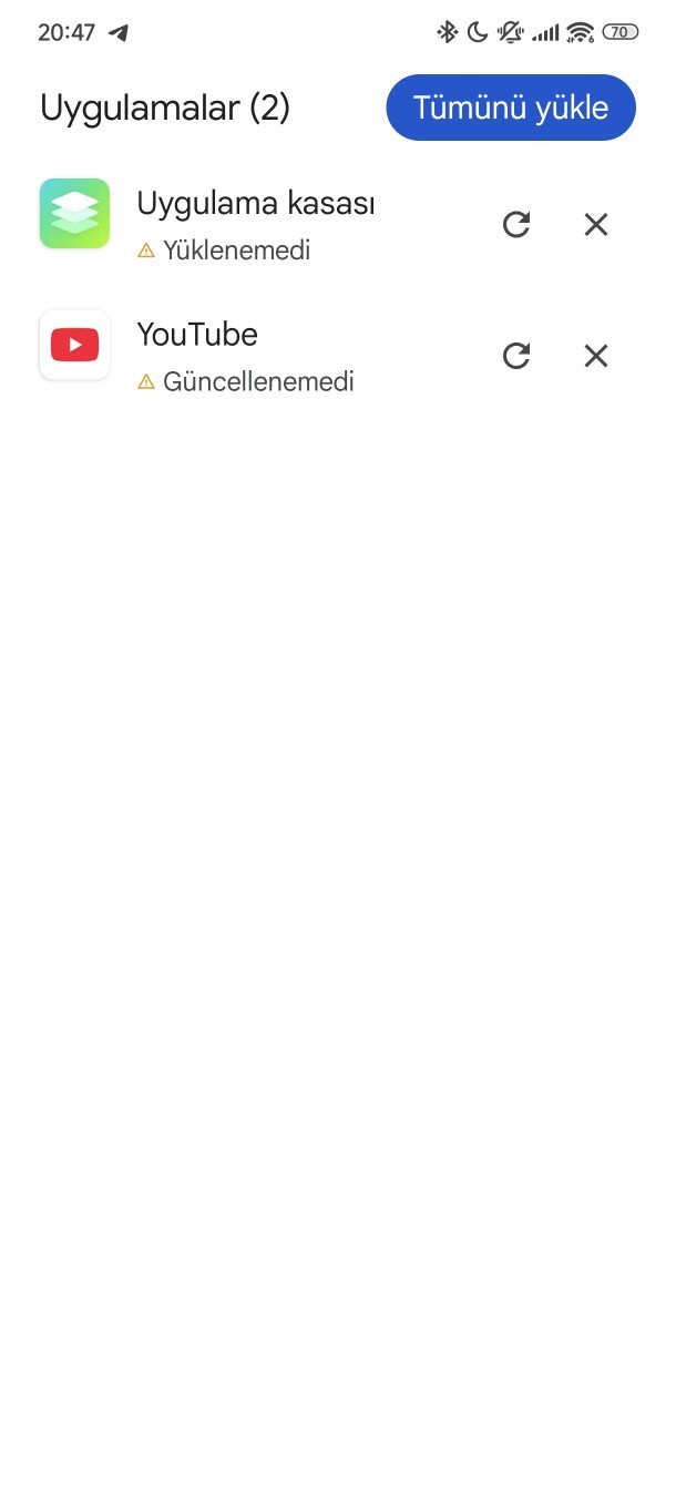 Youtubeu güncelleyemiyorum ve uygulama kasasını yükleyemiyorum?