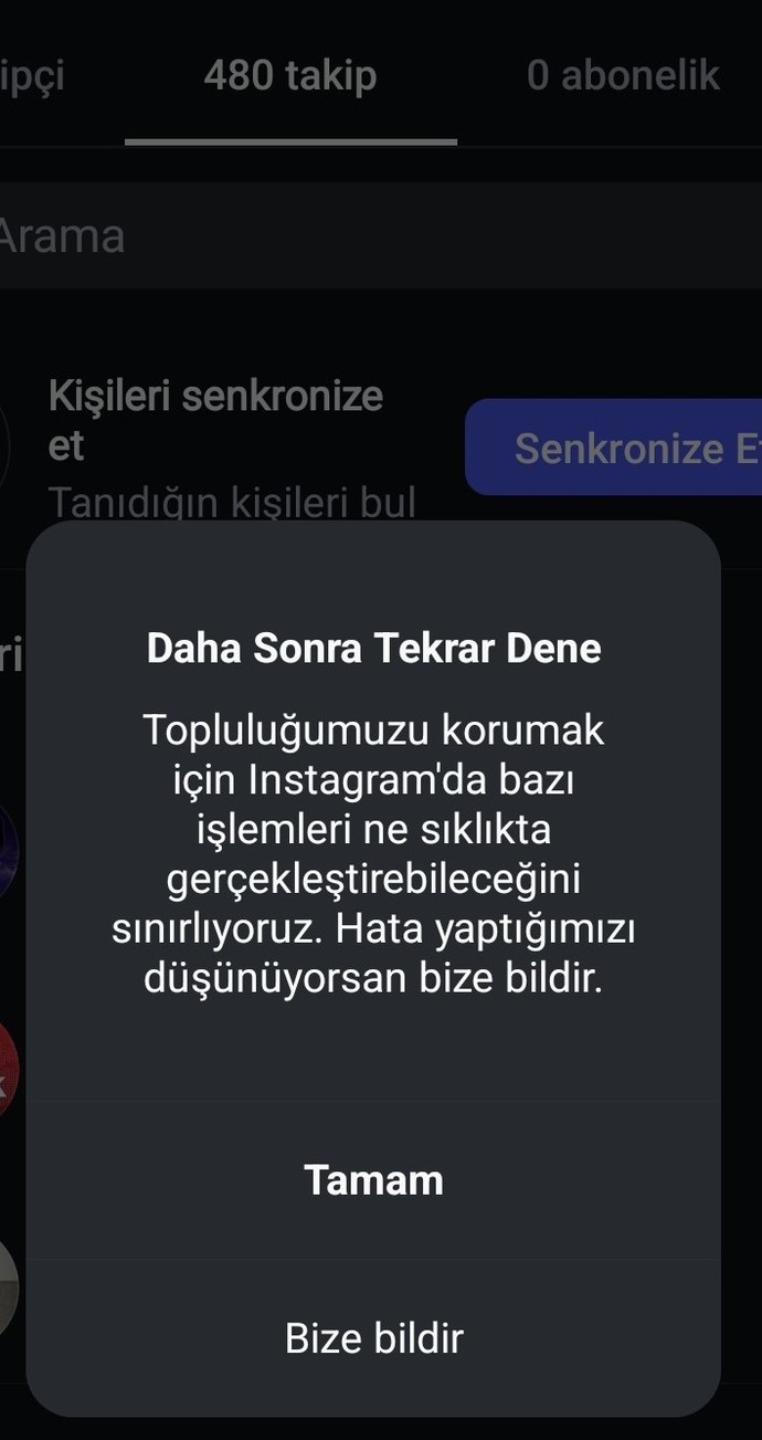 Instagram takip ve takipçilerime basınca böyle saçma bir hata veriyor?
