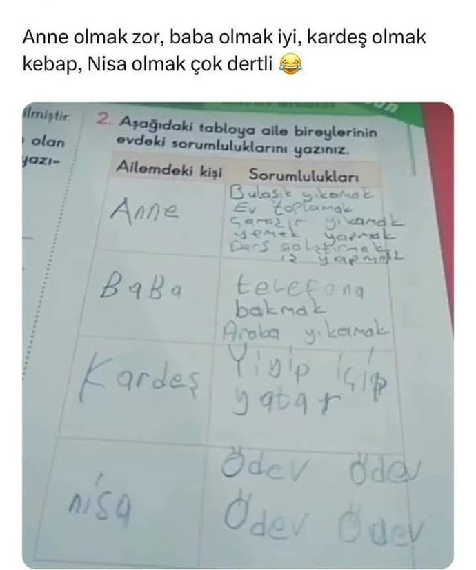 Aile bireylerin evdeki sorumlulukları nedir?
