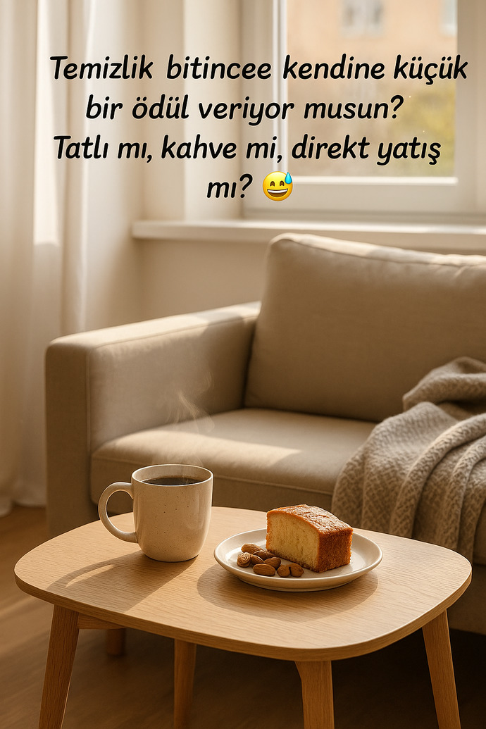 Temizlik bitince kendine küçük bir ödül veriyor musun? Tatlı mı, kahve mi, direkt yatış mı? 😅?