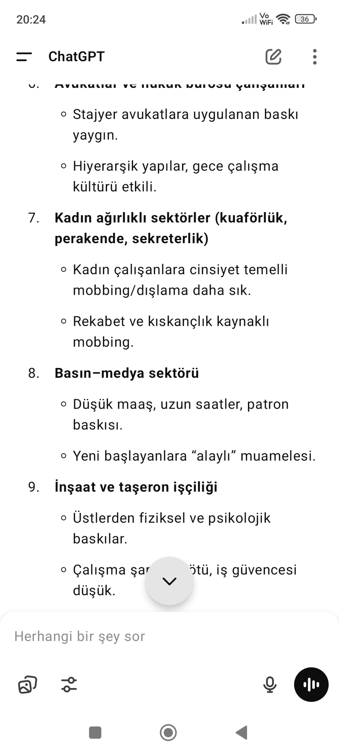 Yapay zekaya en çok mobbinge uğrayan meslekleri sıralar misin dedim?