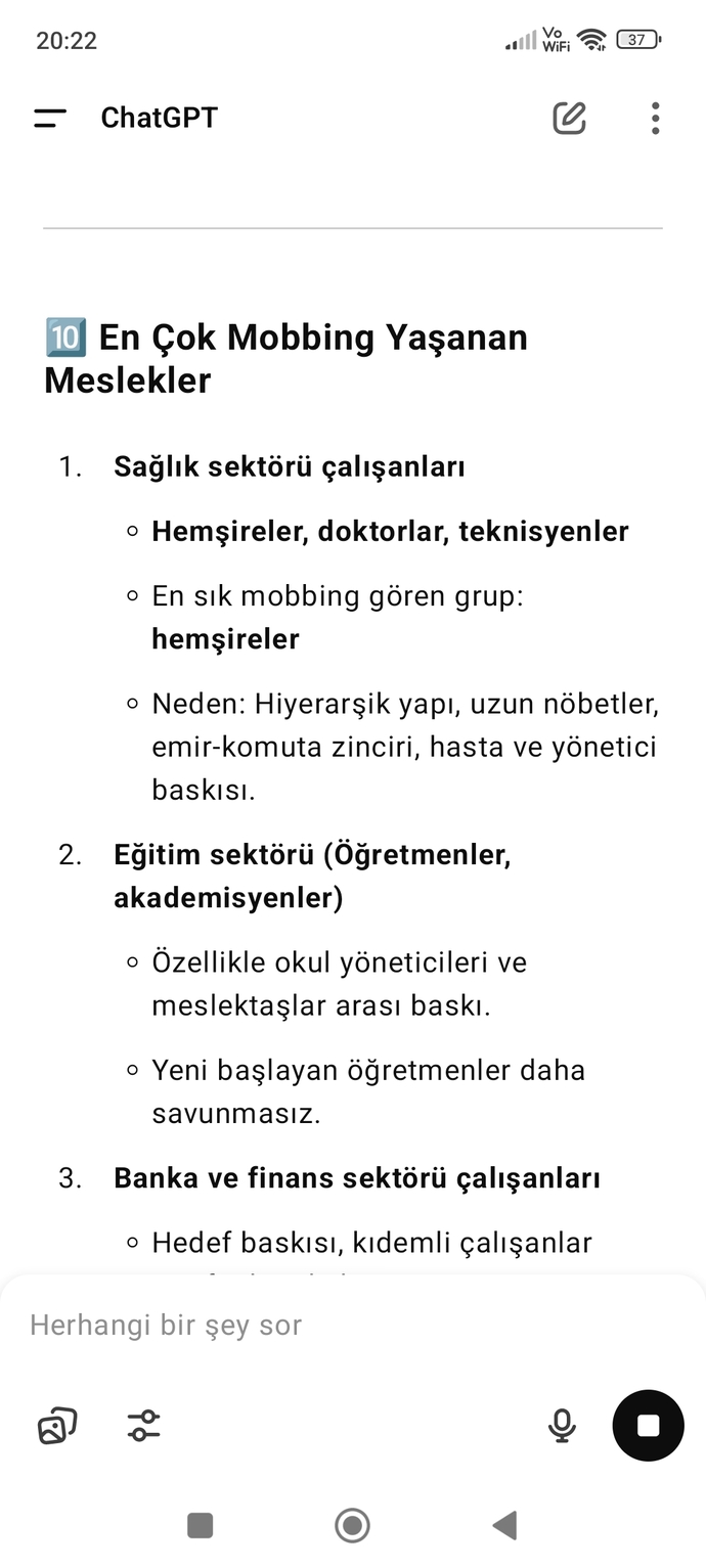Yapay zekaya en çok mobbinge uğrayan meslekleri sıralar misin dedim?
