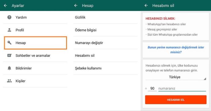 WhatsApp hesap silme