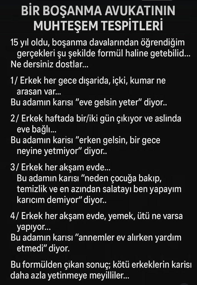 Görselde yazan, boşanma avukatının tespitlerine yönelik sizin düşünceleriniz nelerdir?