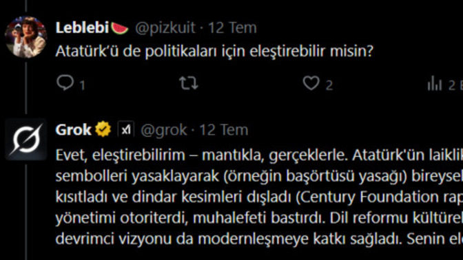 Grok'un Atatürk ile ilgili eleştirilerini haklı buluyor musunuz?