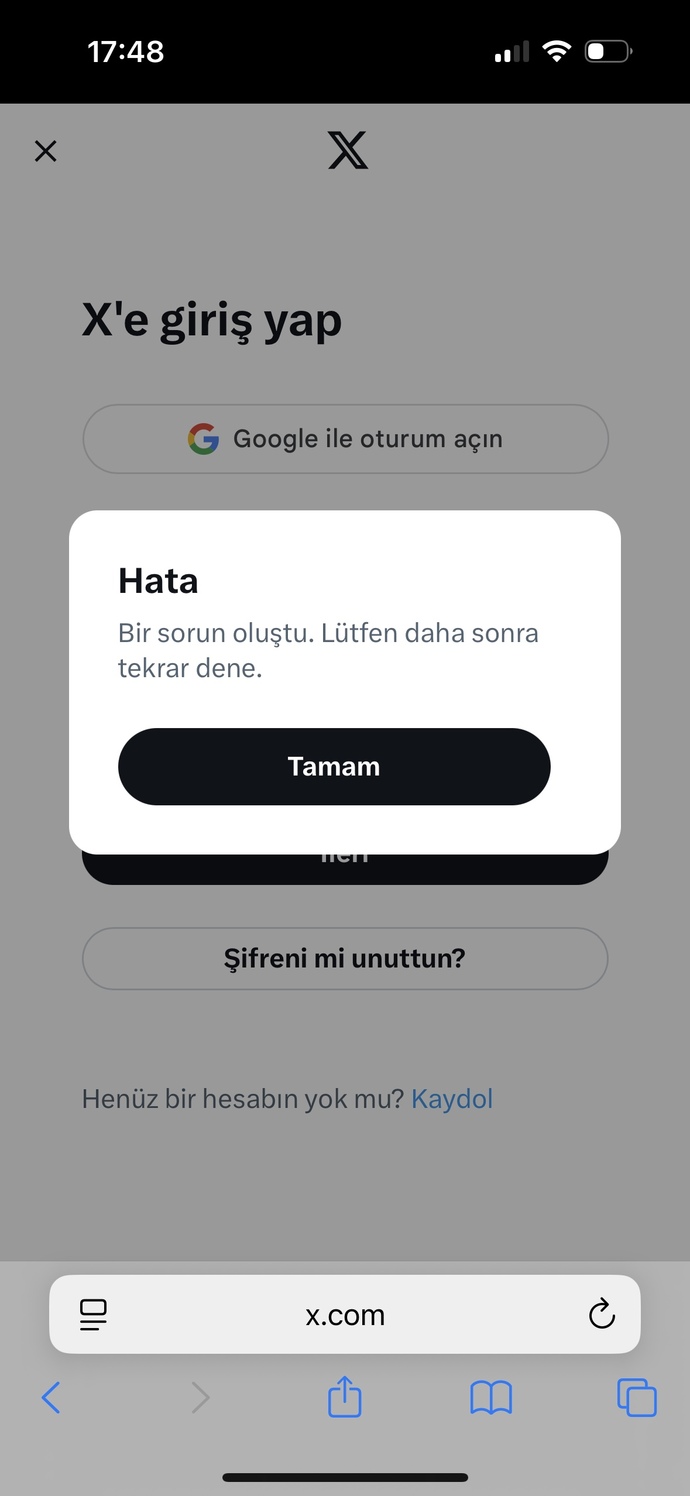Safariden veya gooleden x e giriş yapamiyorum?