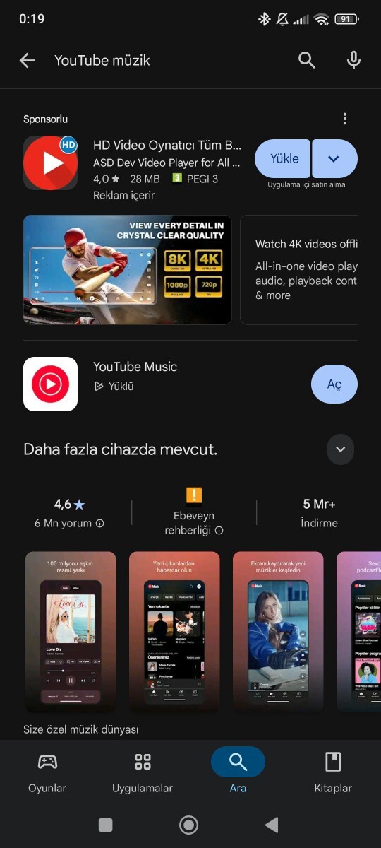 Müzik dinleyeceğim uygulamayı ana ekranda bulamıyorum?