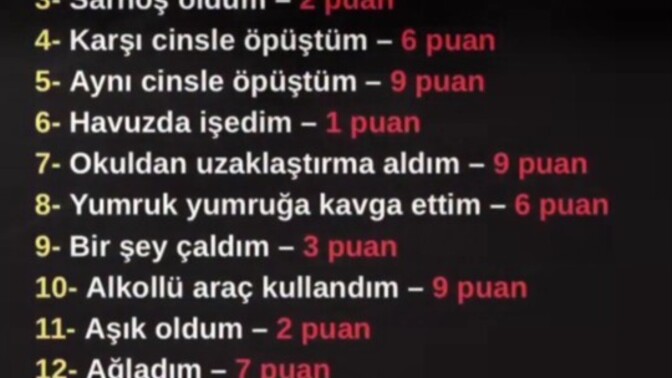 Bu listede kaç puan aldın?