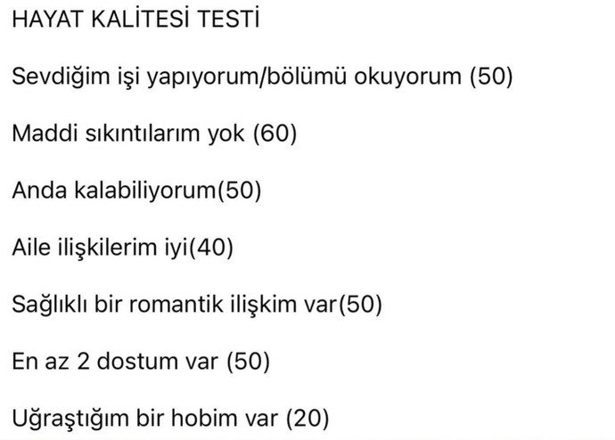 Hayat kalitesi testine davetlisin! Kaç puanın var?