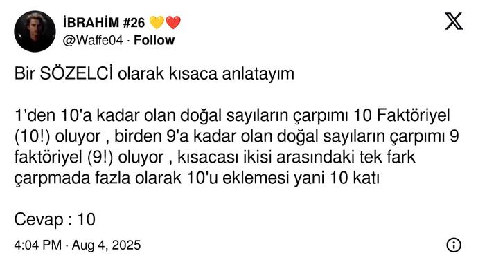ODTÜ matematik mezunu yarışmacının faktöriyelle alakalı soruya iki joker harcadığı hayat bize neler yapmaz?