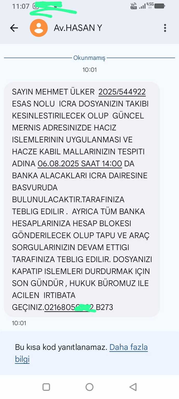 Merhabalar Türk telokom avukatı tarafından 3 haftaya yakın her gün bu şekilde tehdit mesajları alıyorum ne yapmam lazim?
