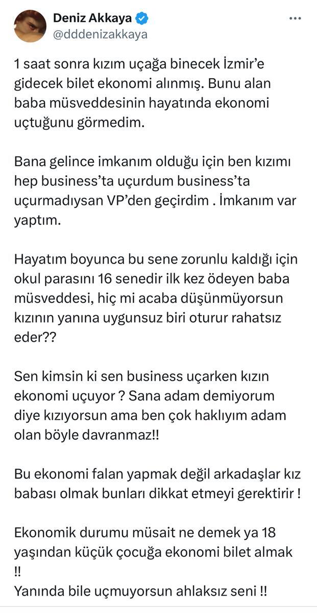 Deniz Akkaya kızına ekonomi bileti alan eski eşine ateş püskürdü. Sosyal medyada böyle özel bir tartışma paylaşılır mı sence?