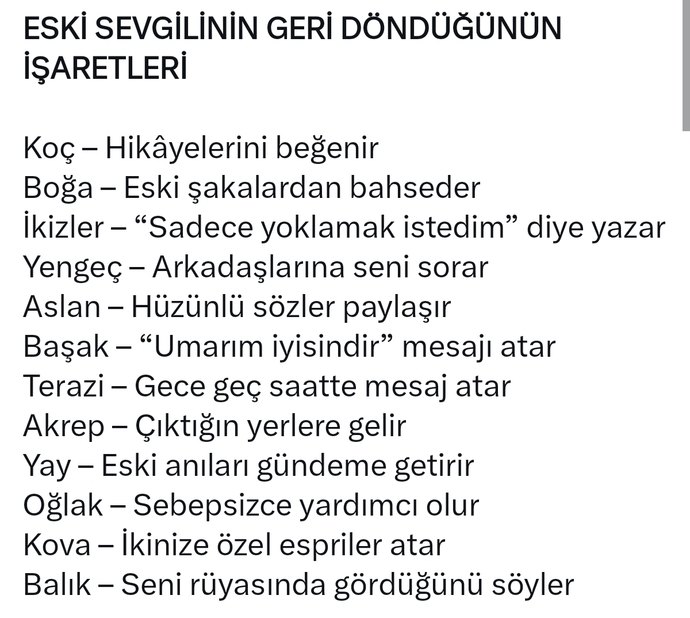 Burcuna göre eski sevgilinin geri döndüğünün işaretleri nelerdir?