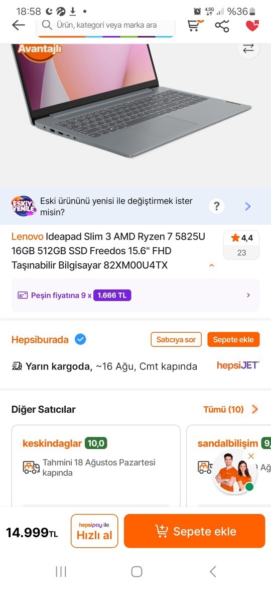 Lenovo Ideapad Slim 3 AMD Ryzen 7 5825U 16GB 512GB SSD Freedos 15.6 FHD Taşınabilir Bilgisayar 82XM00U4TX alınır mı?
