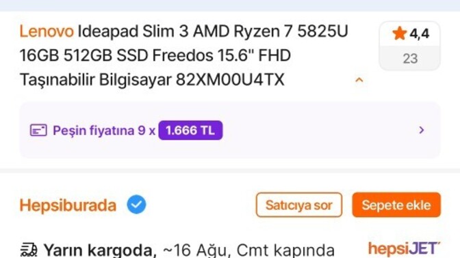 Lenovo Ideapad Slim 3 AMD Ryzen 7 5825U 16GB 512GB SSD Freedos 15.6" FHD Taşınabilir Bilgisayar 82XM00U4TX alınır mı?
