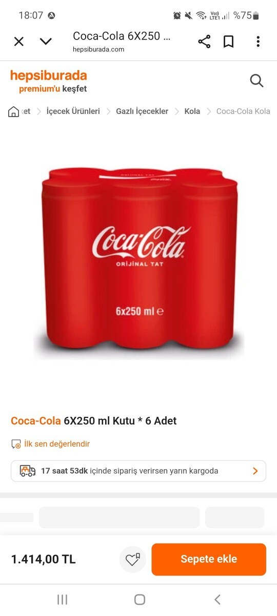 Arkadaşlar 6 adet 250 mltre coca cola hepsiburada 1.400 tl olur mu şaka gibi resimde bakınız şikayet ediniz şaka gibi?