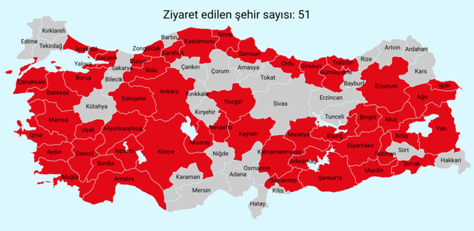 51 şehir gezmişim