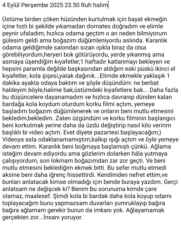 Bu gece anlatacak hiç kimsem olmadığı için telefonumun notlar kısmına ruh halimi yazdım normal mi siz ne düşünüyorsunuz?