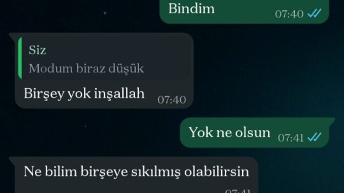 Moralim bu sabah çok bozuktu ve aramızda geçen konuşma. Ben olsam en azından ikinci defa sorardım. Böyle bir sevgiliden olur mu?