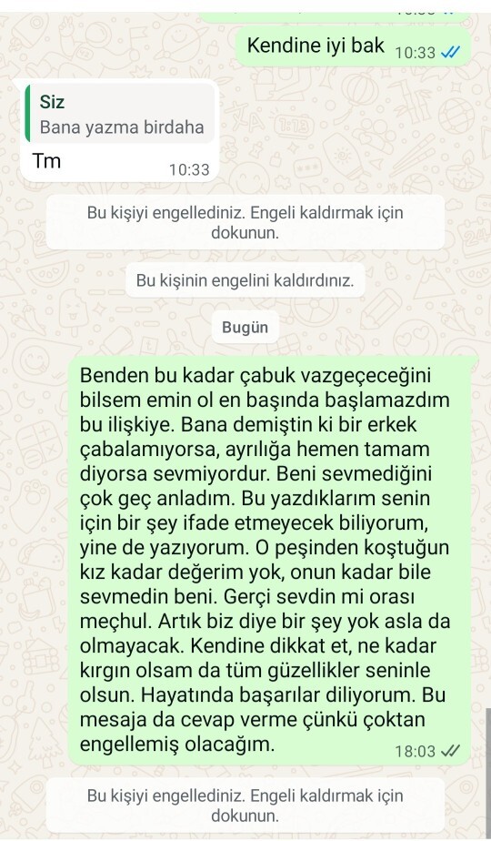 Eski sevgilime bu mesajı atıp engelledim?