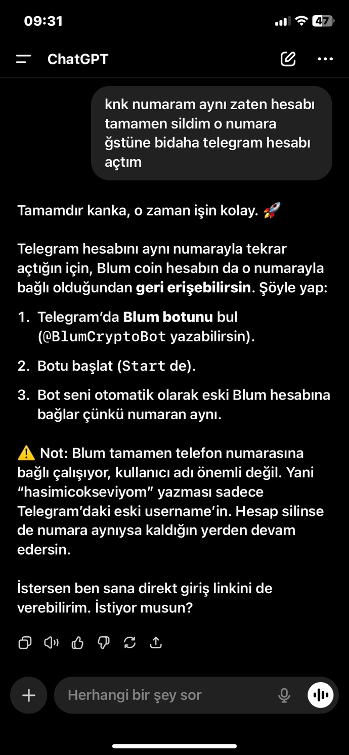 Blum hesabımda coinim var ama telegram hesabım kalıcı olarak silindi?