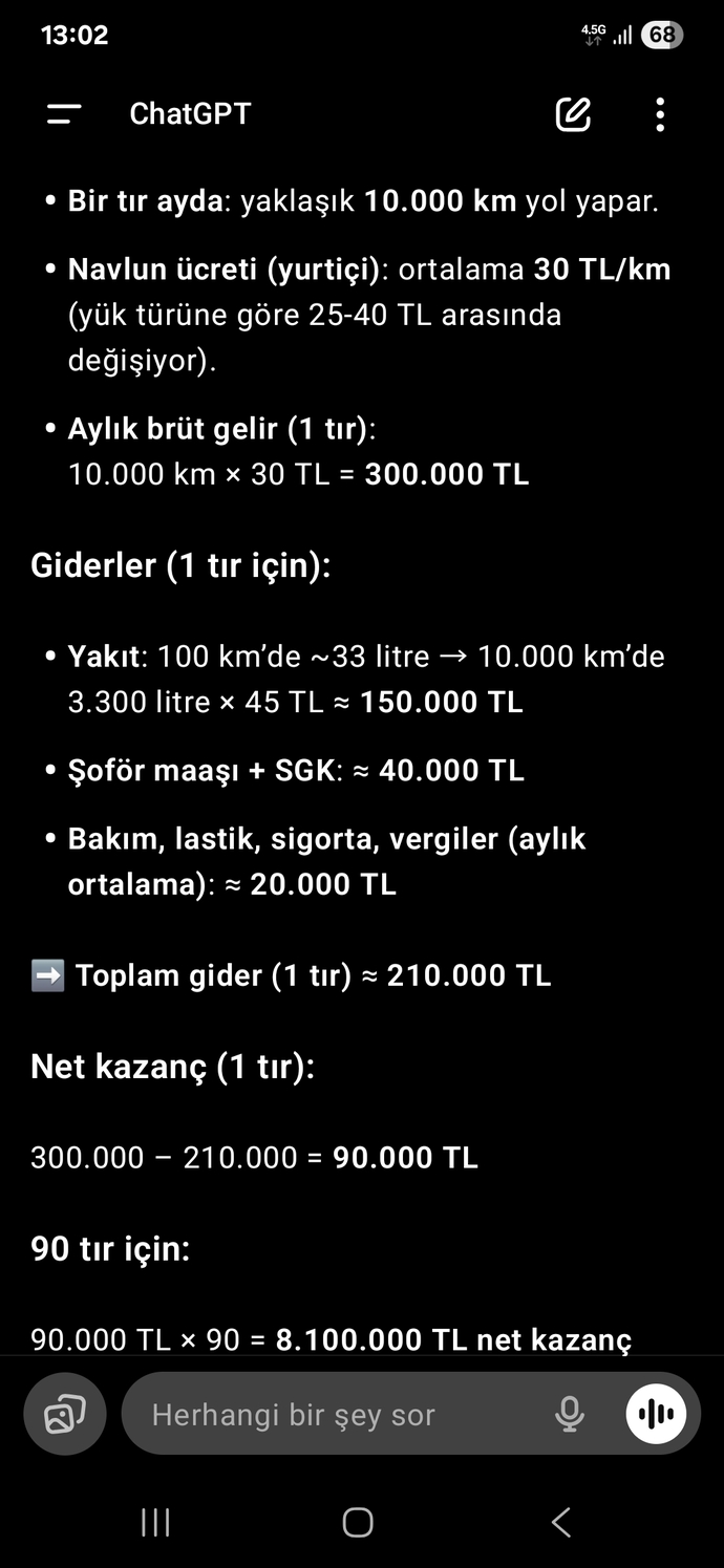 Mesela 90 tırım olsa 1 ayda kaç para kazanırım?