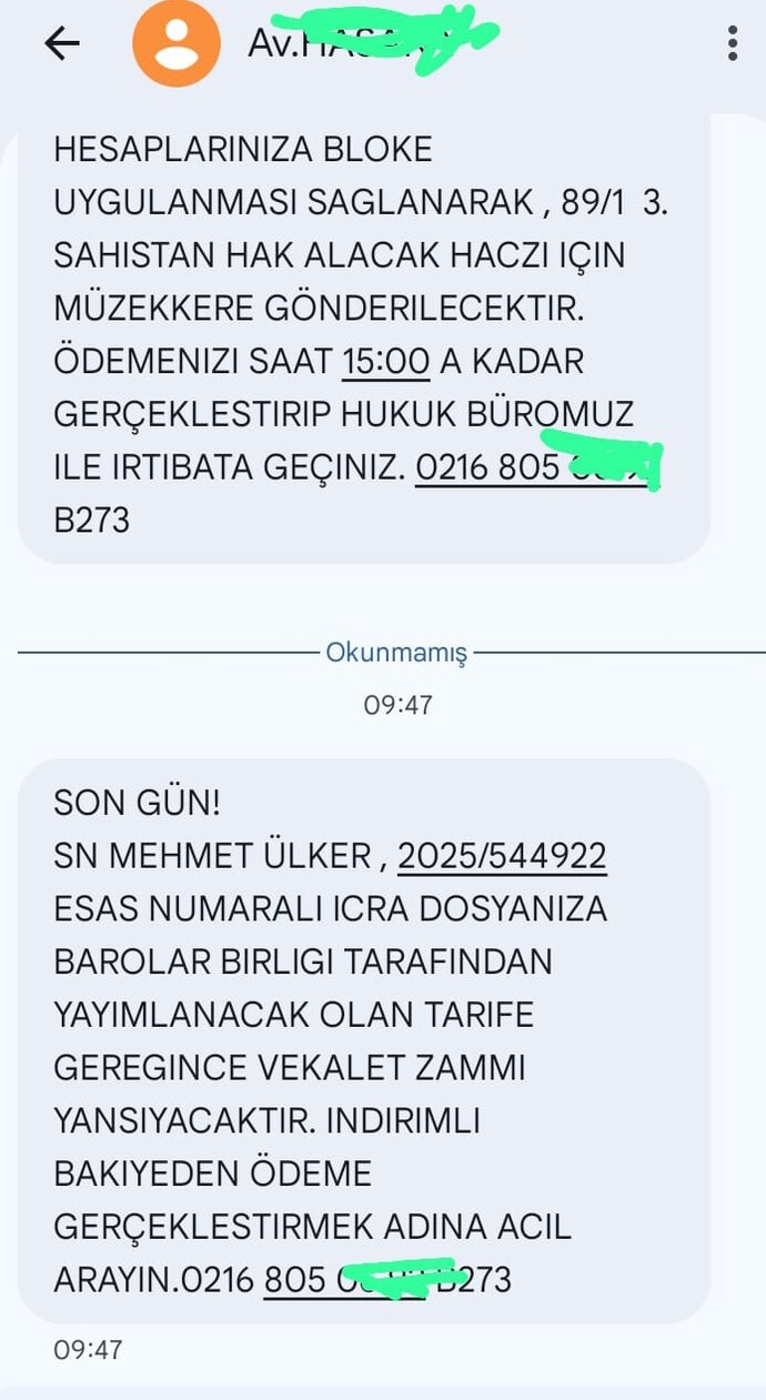 Türk Telekom avukatı hergun bu şekilde mesajlar atıyor bu normal mi? Bahsedilen kişi 4 yıl önce vefat eden BABAM oluyor. ?